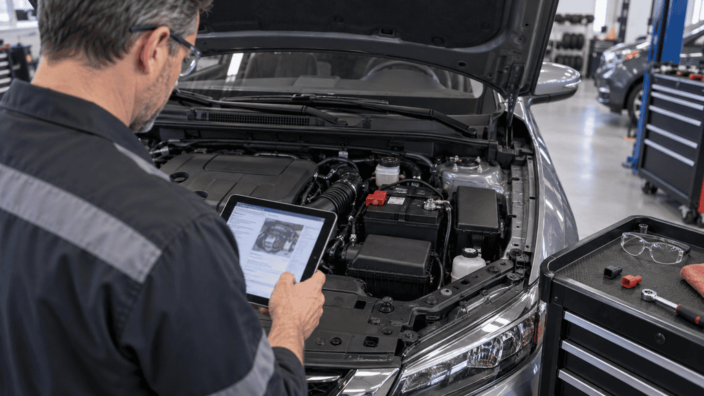 Technician checking the vehicle-specific battery procedure before disconnection