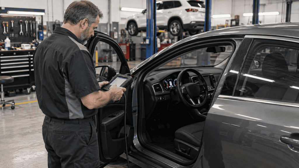 Technician checking vehicle electronics after restoring battery power