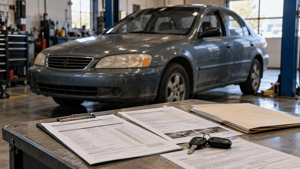 Motor Hills | What to Do When Your Car Isn't Worth Fixing (and How to Know) Repair estimate and vehicle paperwork beside an older car being evaluated