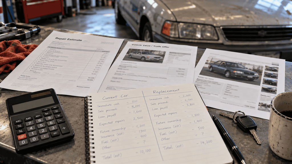 Motor Hills | What to Do When Your Car Isn't Worth Fixing (and How to Know) Repair estimate, vehicle value, replacement cost, and calculator gathered for a repair-versus-replace comparison