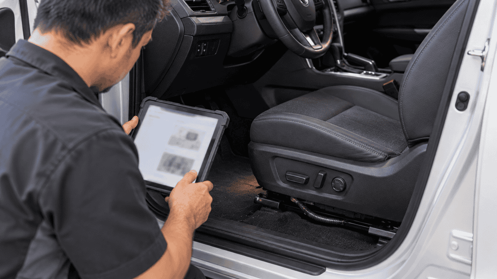 Technician reviewing the vehicle-specific SRS procedure before working on a power seat