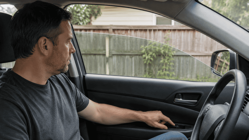 Driver watching a power window while checking how it moves