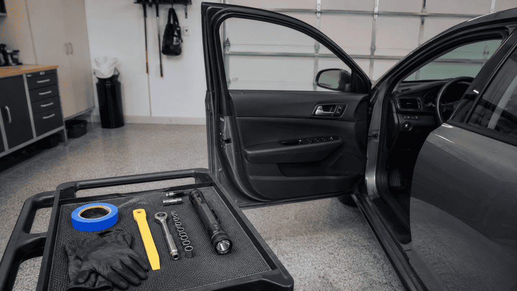 Tools prepared before beginning a power window door inspection