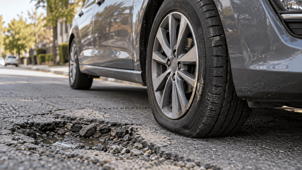 Front wheel after a pothole impact that may have changed the vehicle's alignment