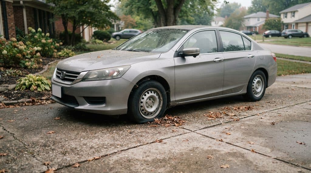 One tire sitting lower than the others on an infrequently used car