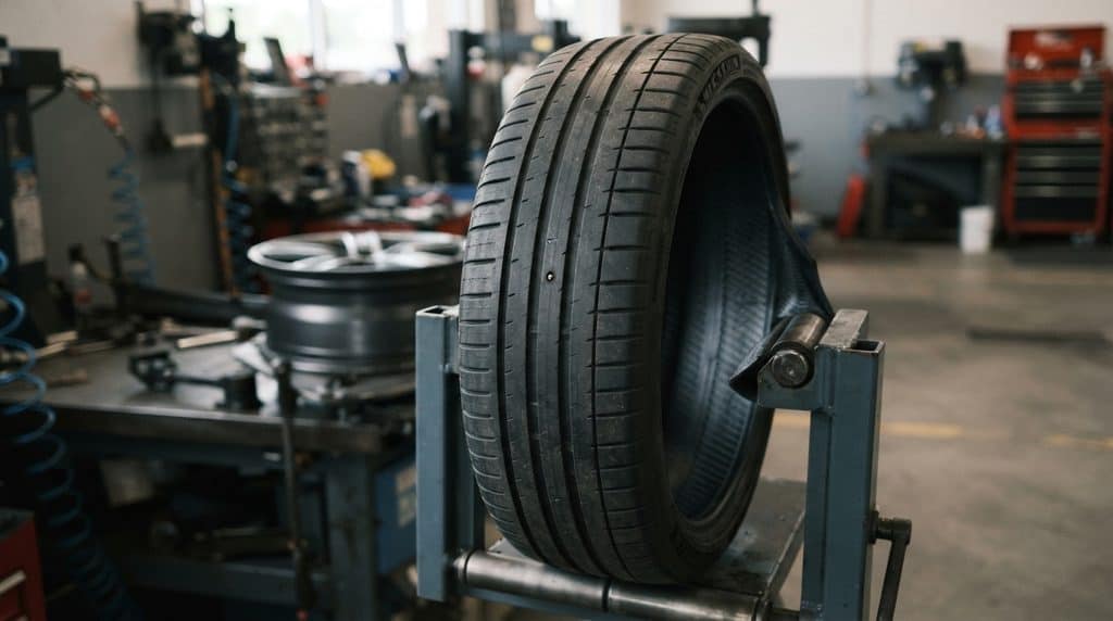 Tire removed from the wheel for internal puncture inspection