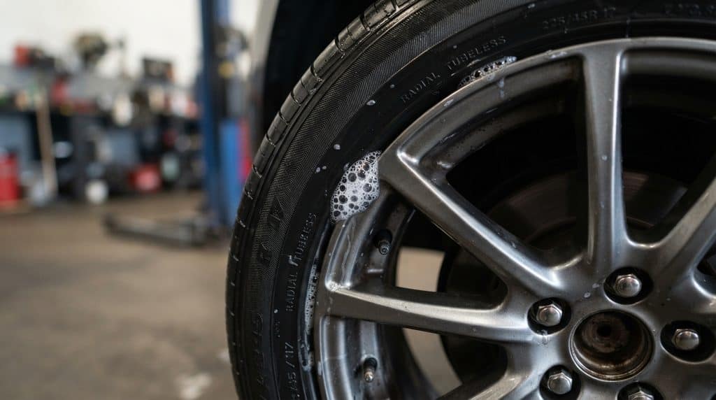 Soap-and-water bubbles revealing an accessible tire air leak