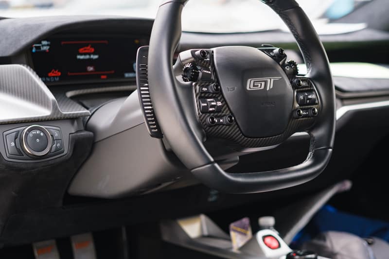 Ford GT 2022 Supercar interior view of the interior with a close up of the steering wheel and shifter paddles