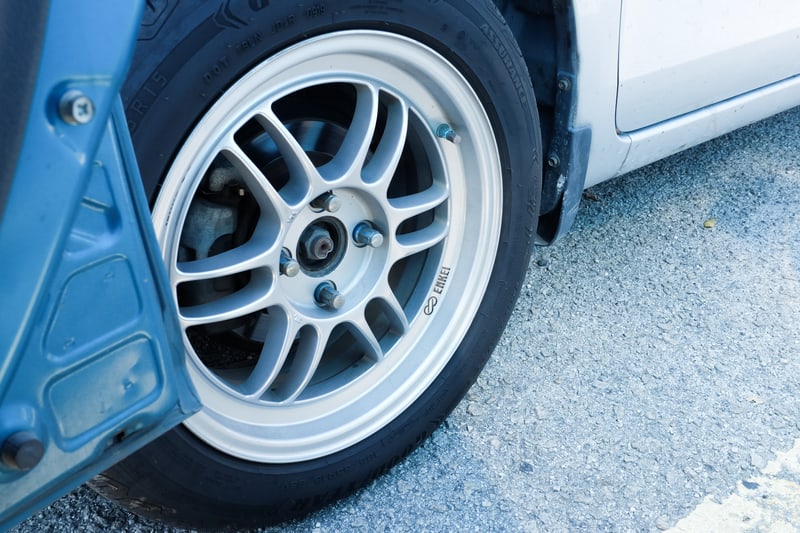 Close up of a Enkei alloy sport wheel on a car