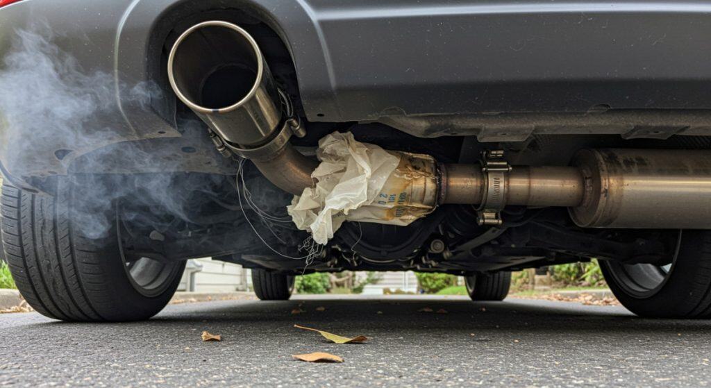 plastic caught in exhaust causing smell of burnt rubber