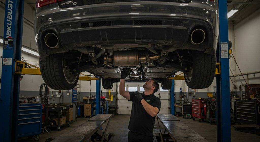 Motor Hills | Catalytic Converter Theft: Why It’s So Common and How to Prevent It car lifted on a mechanic shop