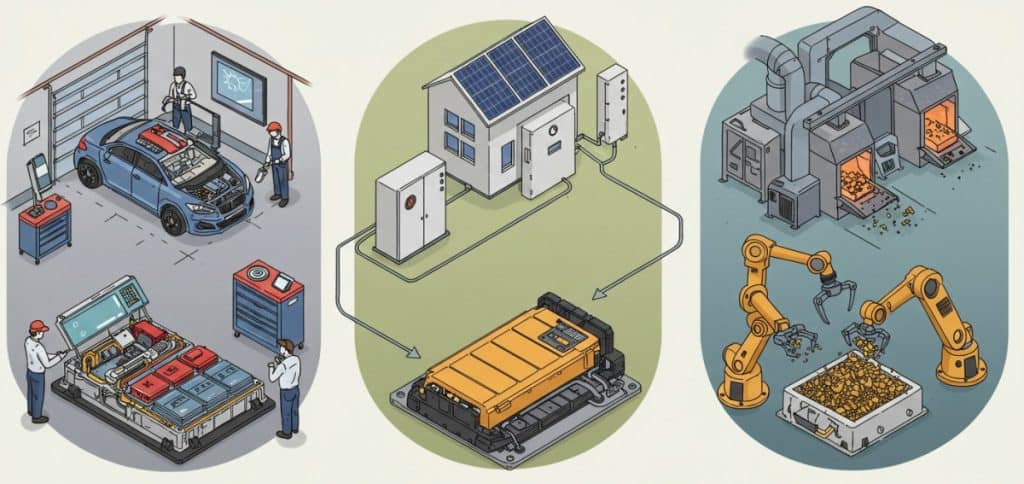 Motor Hills | What Happens to Old EV Batteries? flowchart of how ev batteries are being processed