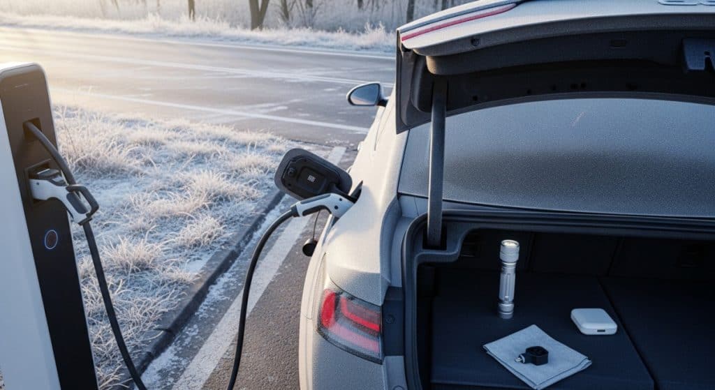 Motor Hills | NACS Adapter Not Working? 9 Fixes That Solve Most Sessions EV preparing to fast charge in cold weather with adapter and simple cleaning tools in the trunk