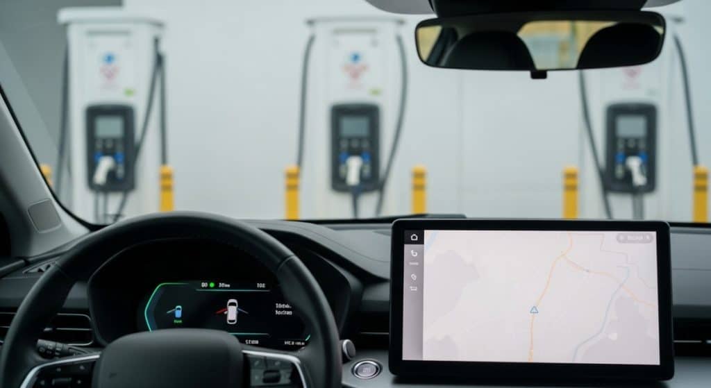Motor Hills | NACS Adapter Not Working? 9 Fixes That Solve Most Sessions EV interior view showing a blurred navigation screen while checking a nearby fast-charging site