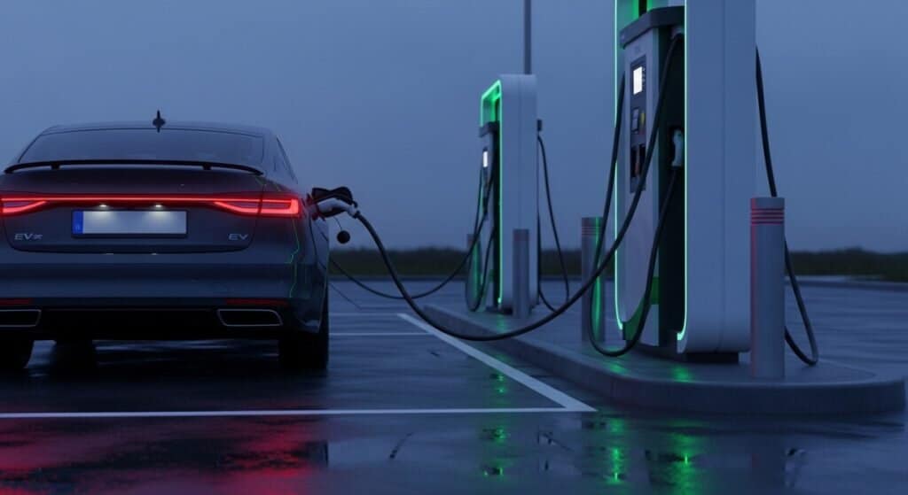 Motor Hills | NACS Adapter Not Working? 9 Fixes That Solve Most Sessions Non-Tesla EV plugged into a fast charger at dusk with the session not starting