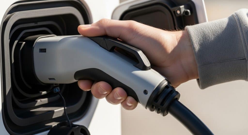 Motor Hills | NACS Adapter Not Working? 9 Fixes That Solve Most Sessions Charging connector being pushed straight into an EV charge port to ensure a fully seated connection