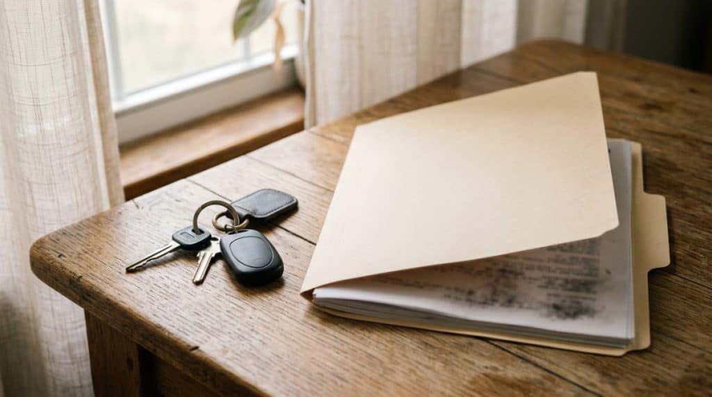 Motor Hills | How Much Driving Data Does Your Car Really Share in 2026? Car keys and documents on a wooden table near a window.