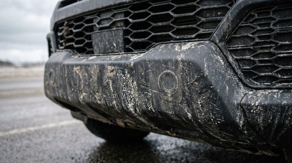 Close-up of modern front bumper area showing hidden sensor zones that raise repair costs