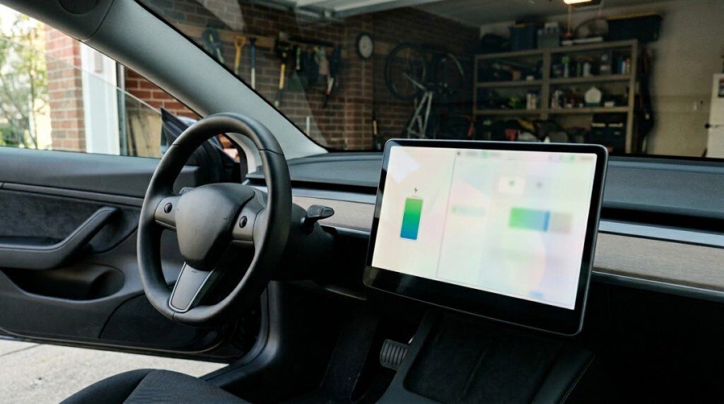 Motor Hills | How to Read an EV Battery Health Report EV interior showing a service or battery information screen with details not readable