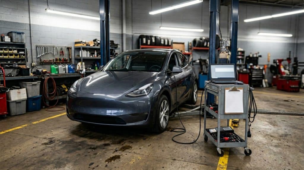 Motor Hills | How to Read an EV Battery Health Report Electric car in a service bay with diagnostic equipment nearby for a battery check