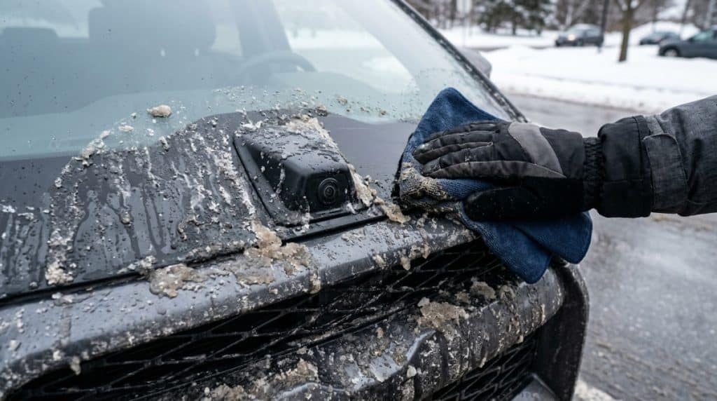 Front sensor area and windshield camera zone with winter grime being cleaned