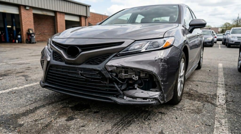 Vehicle positioned for ADAS calibration after windshield or front-end repair