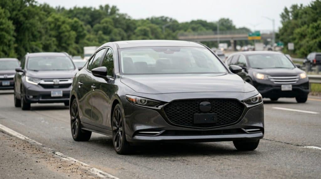 Modern car in traffic with forward collision sensor area visible, representing mandatory AEB