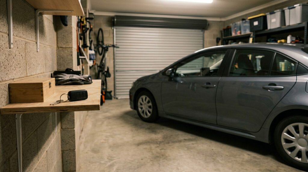 Motor Hills | How Much Driving Data Does Your Car Really Share in 2026? Gray sedan parked in a garage with organized storage shelves and tools.