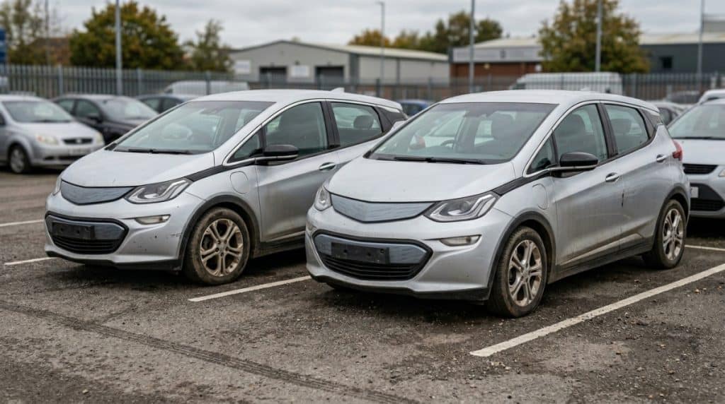 Motor Hills | How to Read an EV Battery Health Report Two similar used EVs parked side by side to show how battery condition can affect real-world range