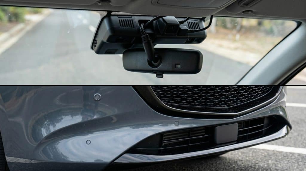 Windshield camera area and front sensor zones on a modern vehicle shown in detail