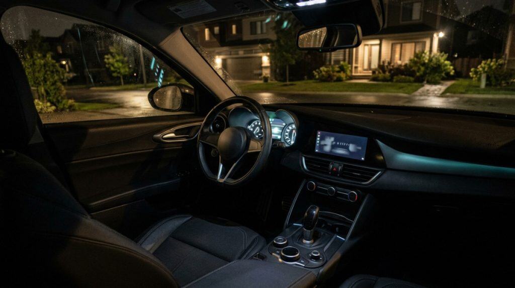 Motor Hills | How Much Driving Data Does Your Car Really Share in 2026? Modern car interior at night with connected features active, suggesting personal data awareness