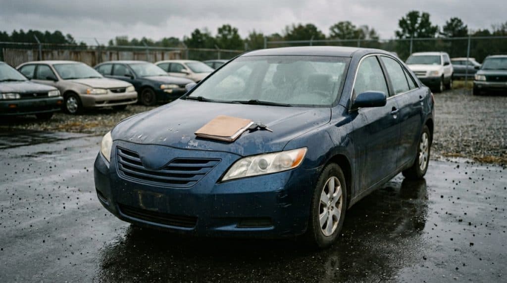 Used car in a lot with documents and keys suggesting an unexpected insurance cost surprise