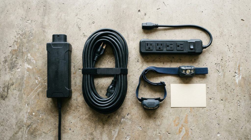 Motor Hills | V2L Power: How to Use Your EV as Backup Power During Spring Storms Backup power kit with EV adapter, extension cord, flashlight, and power strip