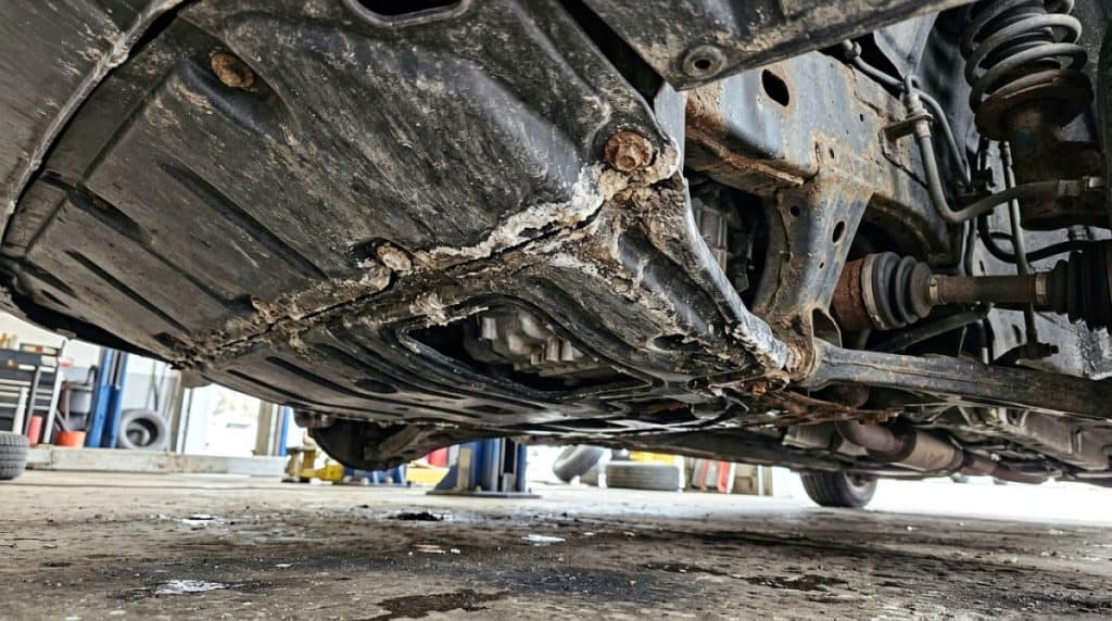 Underside of a car with a plastic undertray showing wet residue near edges and fasteners