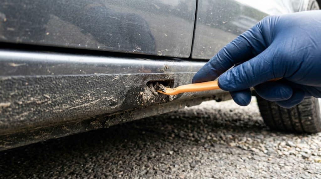 Bottom edge of a car door with a drain opening being gently cleared of grit causing car rust