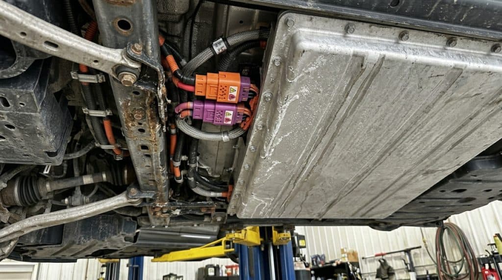 EV underbody view showing battery enclosure and hardware in the winter spray zone causing car rust