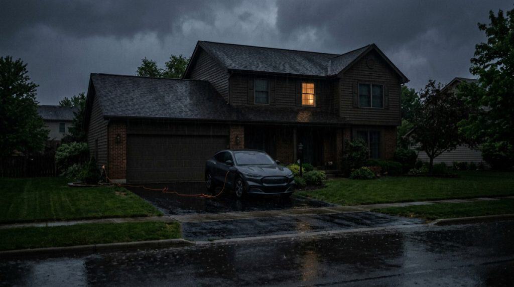Motor Hills | V2L Power: How to Use Your EV as Backup Power During Spring Storms Electric vehicle in a driveway powering a few home essentials during a nighttime outage