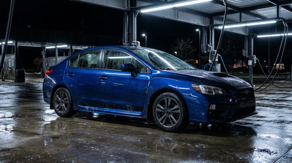 Freshly washed car at night still wet from a touchless wash, hinting hidden winter residue underneath