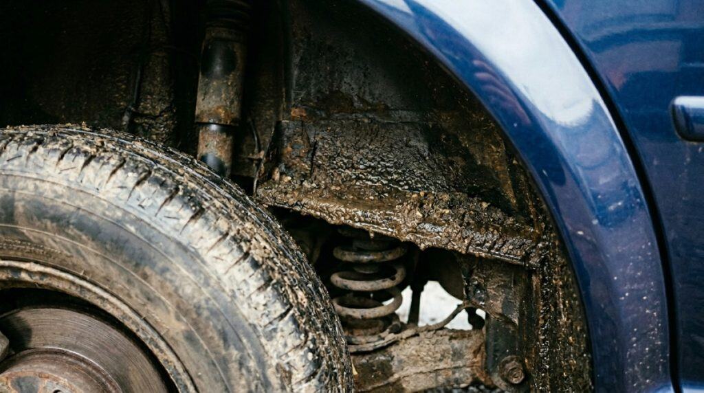 Inside rear wheel arch showing packed wet grit on the inner ledge where car rust can start