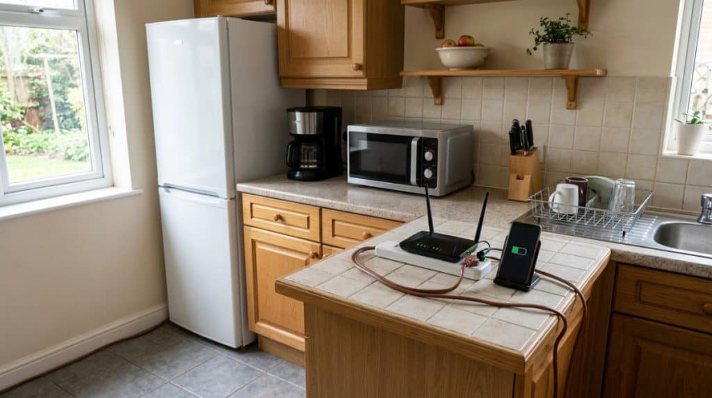 Motor Hills | V2L Power: How to Use Your EV as Backup Power During Spring Storms Kitchen essentials arranged to show realistic load planning during a power outage