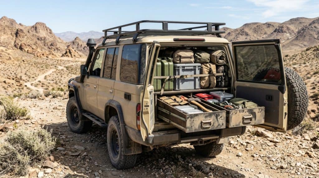 Motor Hills | Moab 2026: 5 Breakthrough Off-Road Trends from the 60th Anniversary Easter Jeep Safari Open rear cargo area with drawer storage and gear packed inside an overland vehicle in desert terrain