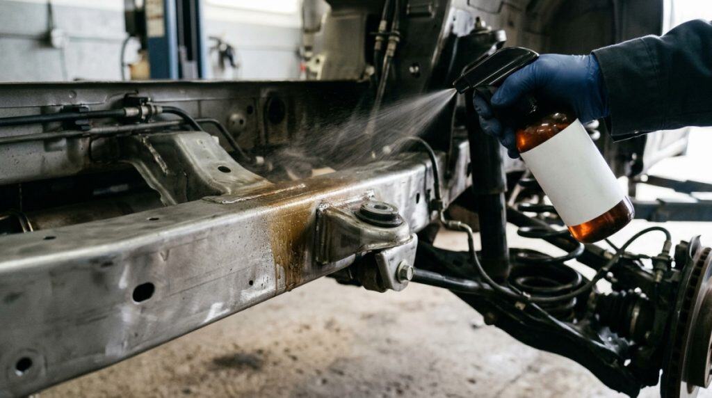 Protective underbody coating being applied to clean metal areas after winter cleanup to avoid car rust