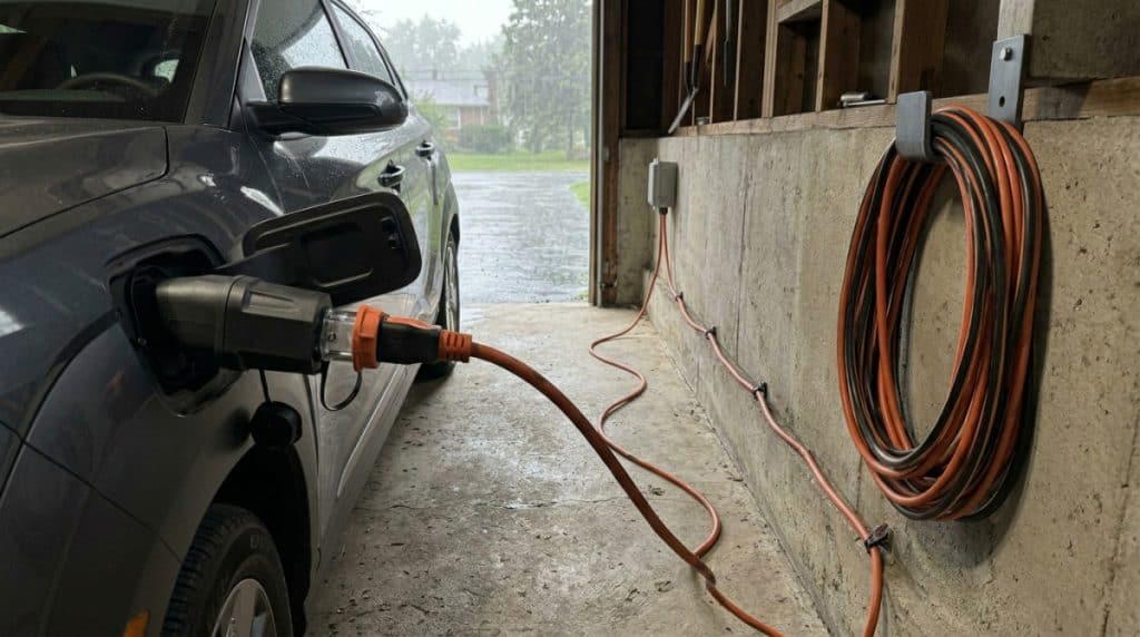Motor Hills | V2L Power: How to Use Your EV as Backup Power During Spring Storms Safe EV backup power setup using a heavy-duty cord kept dry and routed carefully