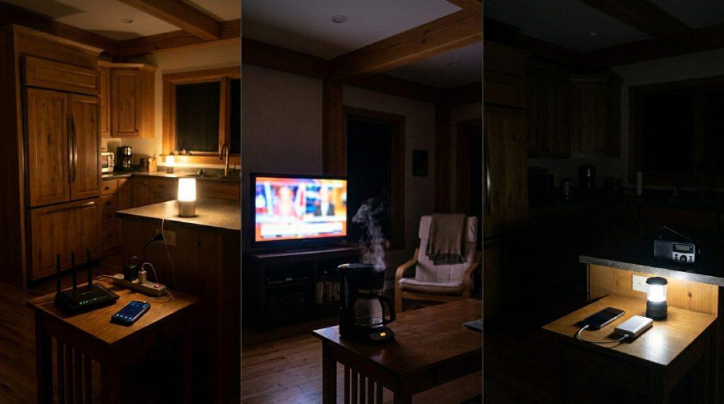 Motor Hills | V2L Power: How to Use Your EV as Backup Power During Spring Storms Three-stage home outage routine showing essentials first, comfort later, and overnight conservation