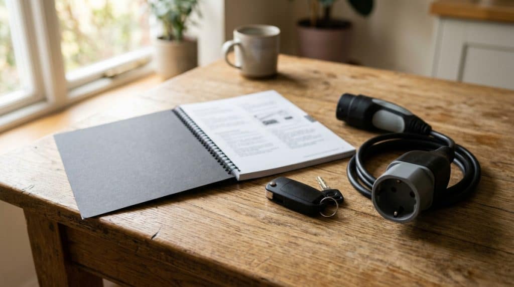 Motor Hills | V2L Power: How to Use Your EV as Backup Power During Spring Storms Vehicle manual, key fob, and power adapter laid out before setting up EV backup power