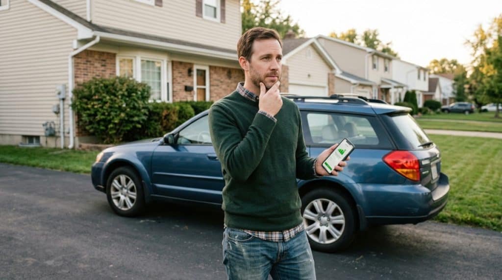 Car owner checking a tax refund on a phone beside a car in a driveway