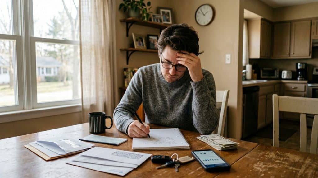 Hands making an extra car loan payment online with car keys and calculator nearby