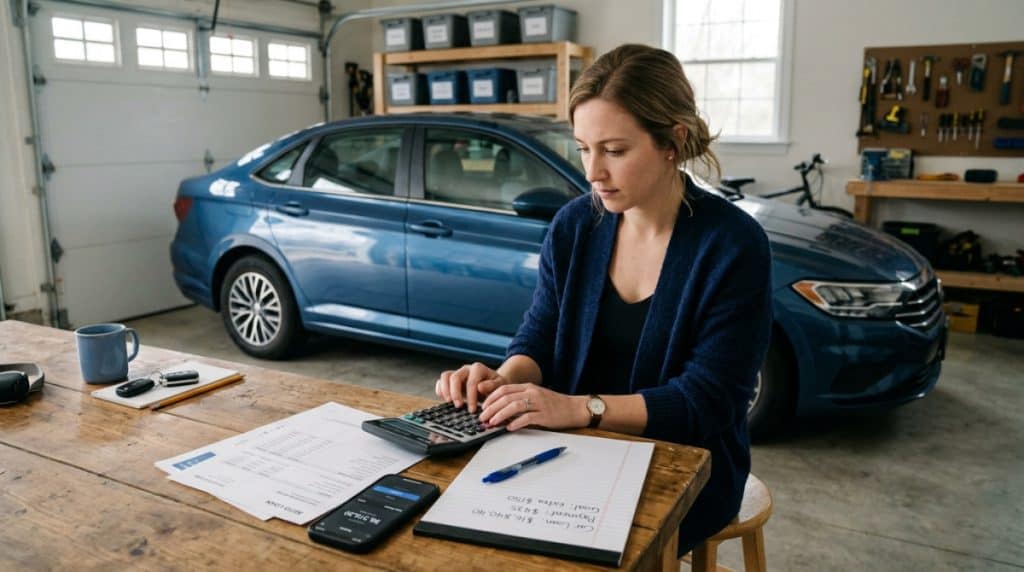 Person using a calculator to plan car loan payoff with a car in the background
