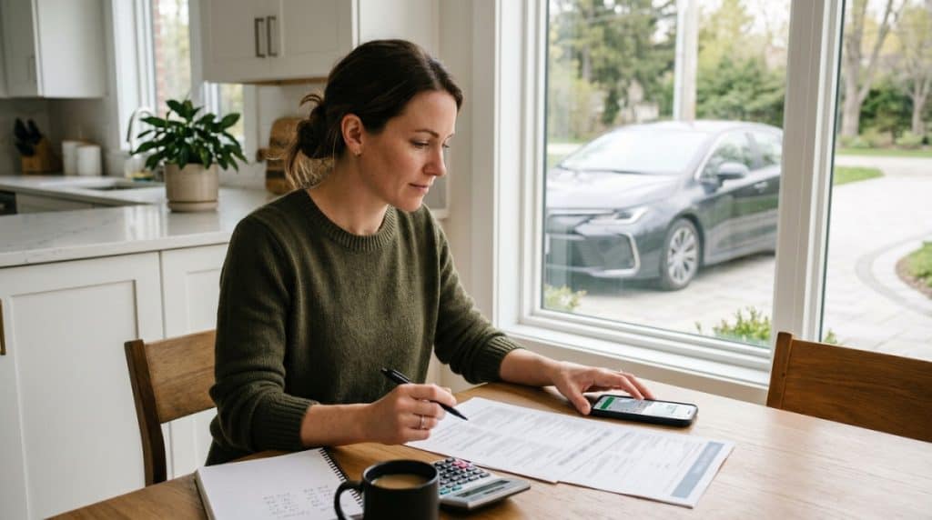 Person reviewing car loan papers and tax refund details at a kitchen table