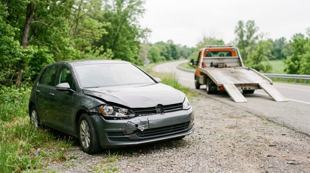 Motor Hills | What Is GAP Insurance, and When Is It Actually Worth It? Car after a collision with a tow truck in the background, representing a total loss and loan payoff gap insurance